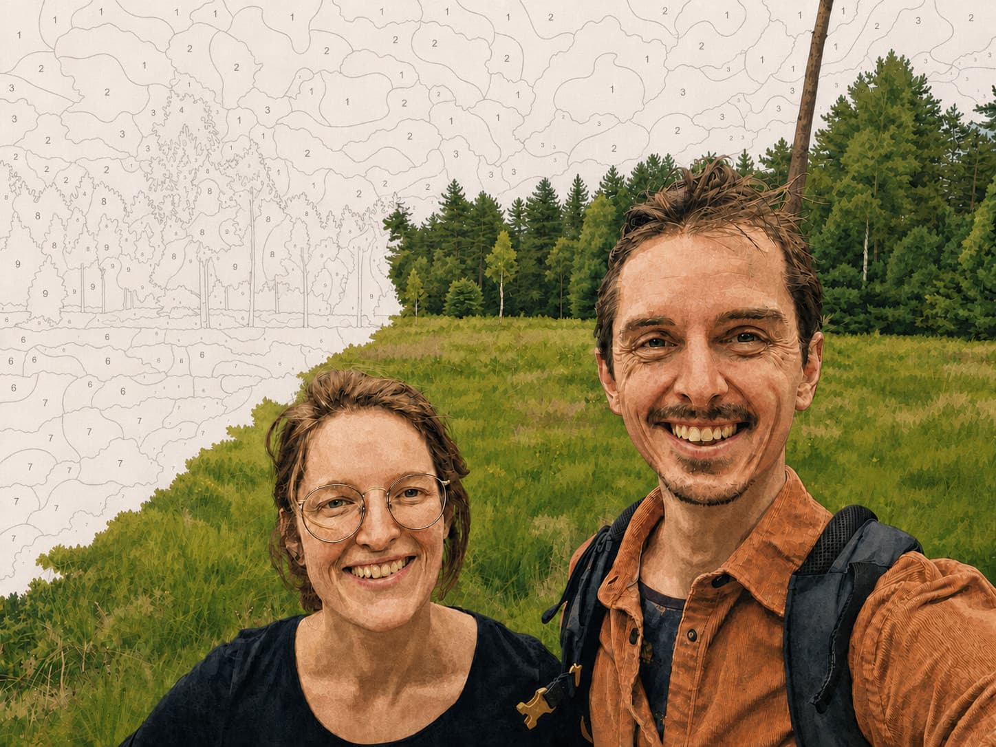 Ylfa and Freek smiling in a partly completed colour-by-number woodland illustration
